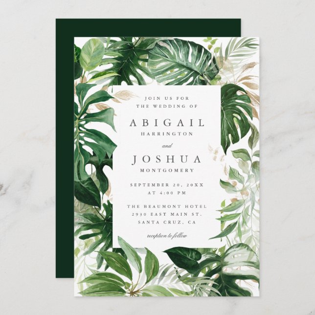 Invitación Boda de verde tropical de moda de oro y acuarela (Anverso / Reverso)