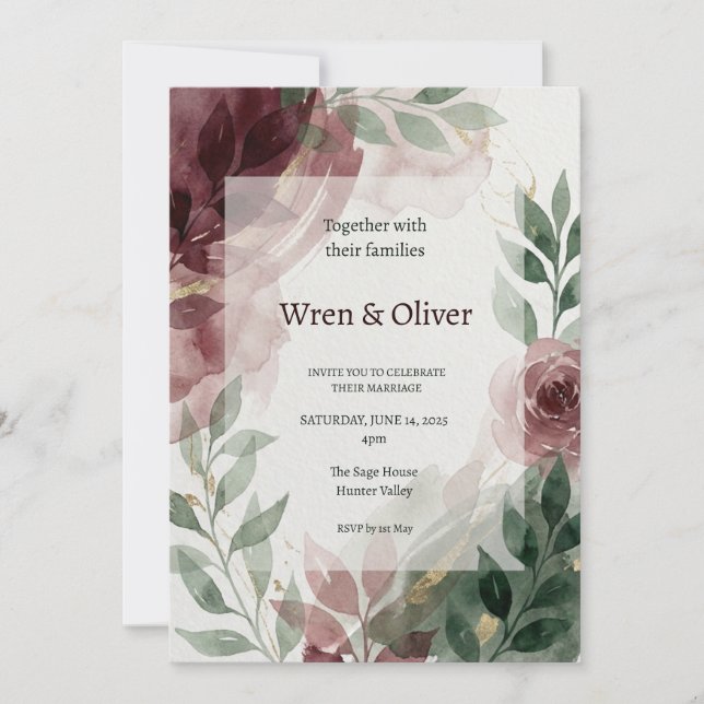 Invitación Boda de Verde y Borgoña (Anverso)
