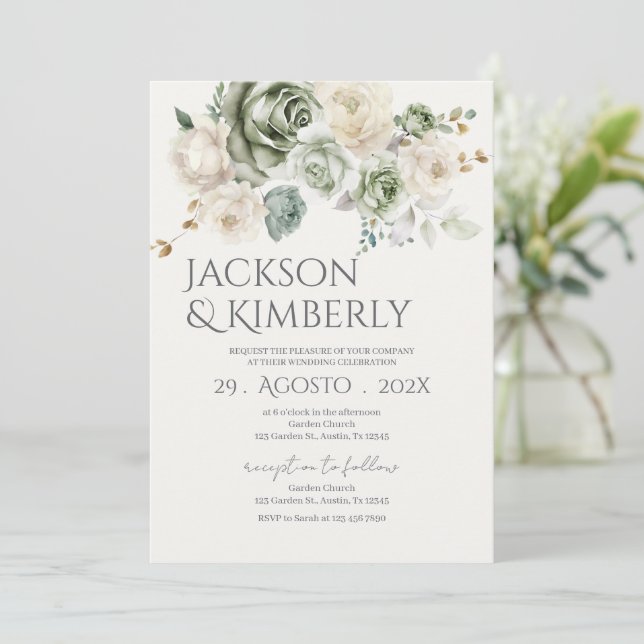 Invitación Boda de verde y flores blancas (Anverso de pie)