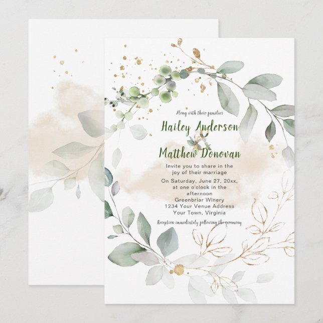 Invitación Boda de Verdor Botánico Verde y Oro | (Anverso / Reverso)