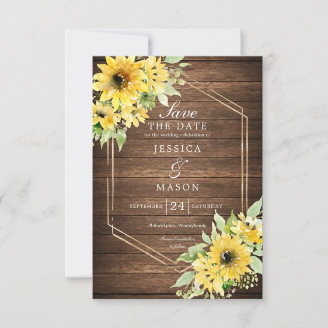 Invitación Boda De Verdor De Girasol Rústico Salva La Fecha (Anverso)