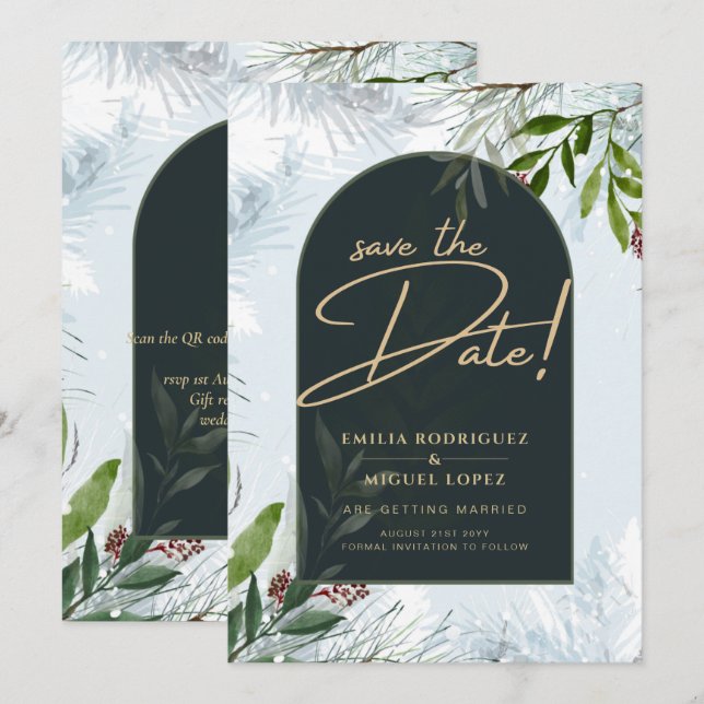 Invitación Boda de Verdor de Invierno Moderno Gold Save Date (Anverso / Reverso)