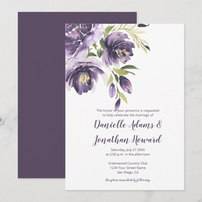 Invitación Boda de Verdor de Peonies de Lavanda Púrpura (Anverso / Reverso)