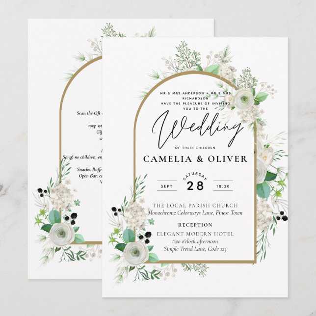 Invitación Boda de Verdor de Rosas Blancas Esmeraldas (Anverso / Reverso)