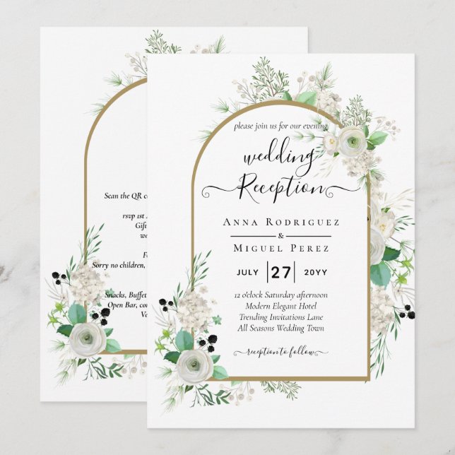 Invitación Boda de Verdor de Rosas Blancas Esmeraldas (Anverso / Reverso)
