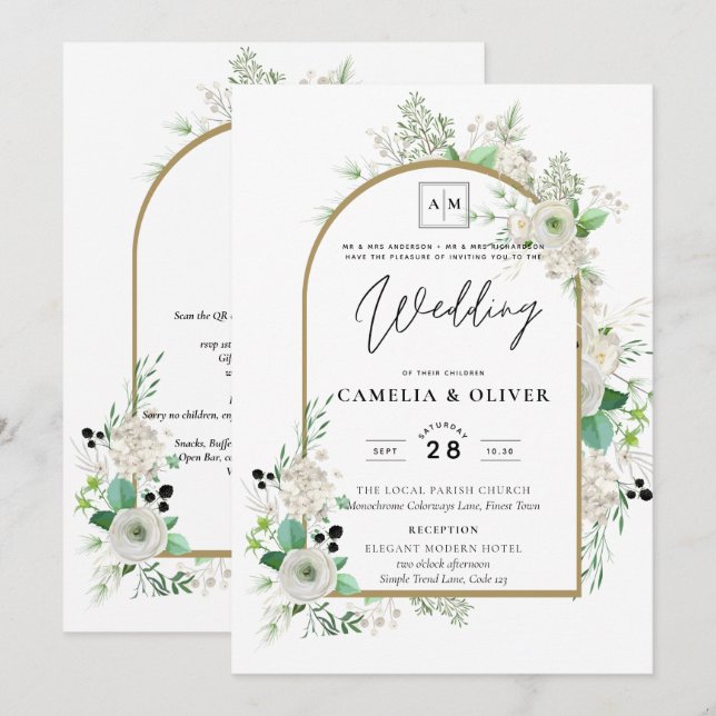 Invitación Boda de Verdor de Rosas Blancas Esmeraldas (Anverso / Reverso)