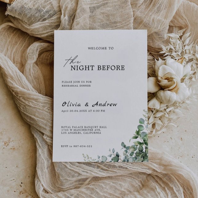 Invitación Boda de Verdor Ensayo Cena Rótulo Noche, (Greenery Wedding Rehearsal Dinner Sign Night, Invitation)