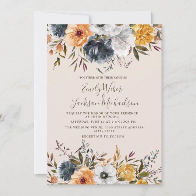 Invitación Boda de verdor floral amarillo de mostaza azul mar (Anverso)