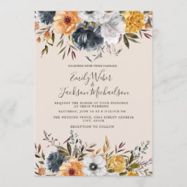Invitación Boda de verdor floral amarillo de mostaza azul mar