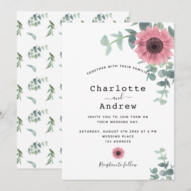 Invitación Boda de verdor floral polvoriento de girasol rosa (Anverso / Reverso)