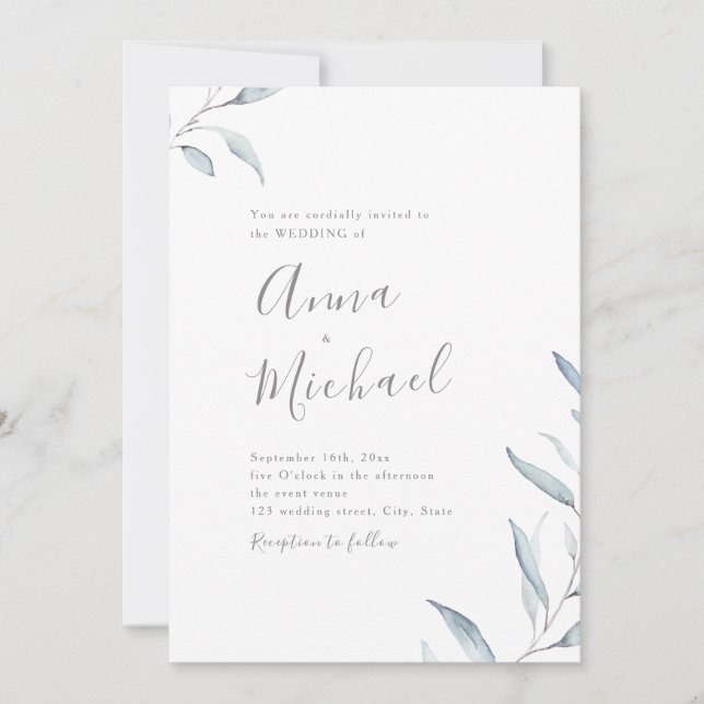 Invitación Boda de verdor mínimo azul turbio (Anverso)