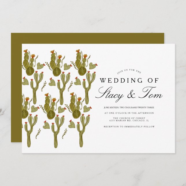 Invitación Boda De Verdor Pintado A Mano De Cactus Pear (Anverso / Reverso)