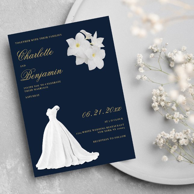 Invitación Boda de vestimenta de boda de encaje blanco dorado (Navy blue gold white lace wedding dress wedding)