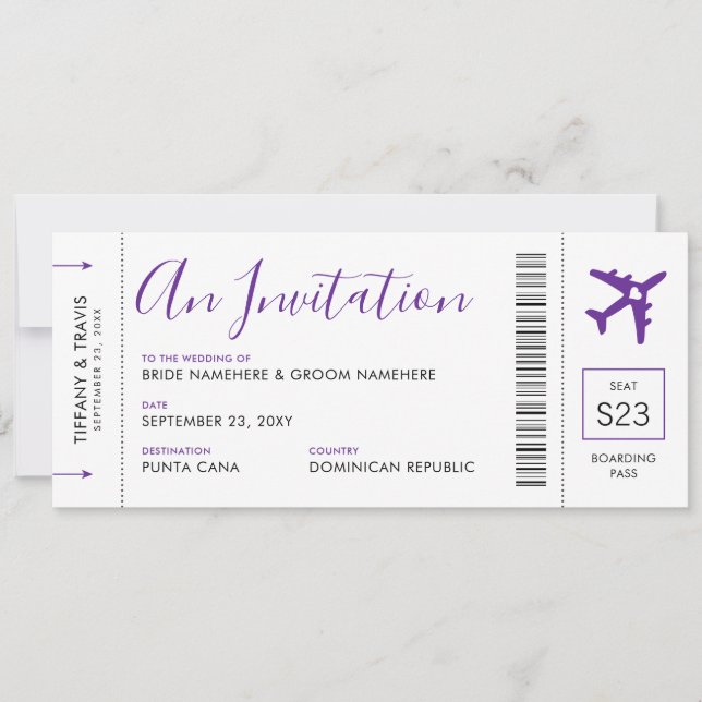 Invitación Boda de viaje morado de pases para pasajeros (Anverso)