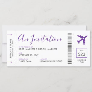 Invitación Boda de viaje morado de pases para pasajeros