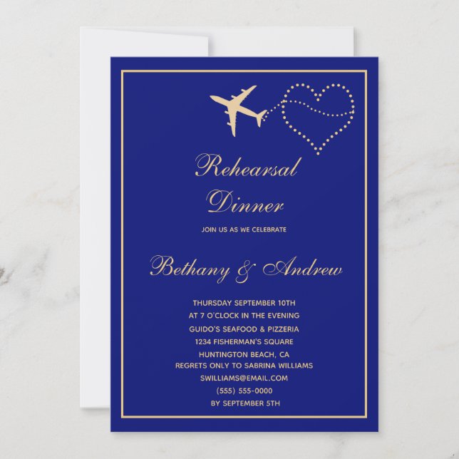 Invitación Boda de viajes de oro azul cena (Anverso)