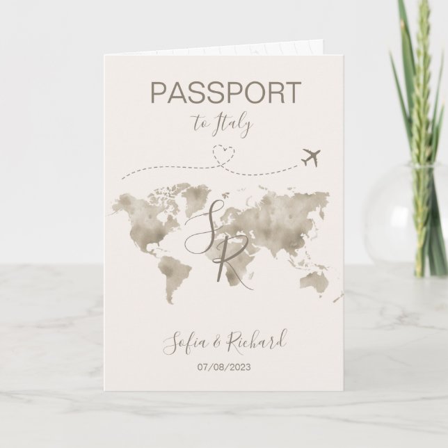 Invitación Boda de viajes Pasaporte de destino Mapa Mundial I (Anverso)