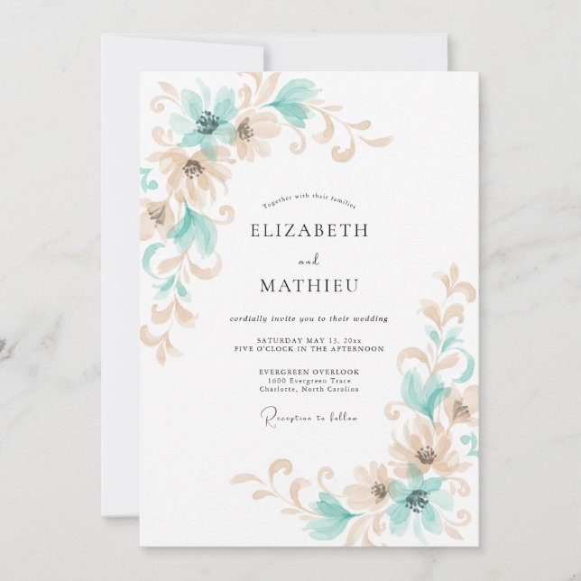 Invitación Boda de vid aqua y champán (Anverso)