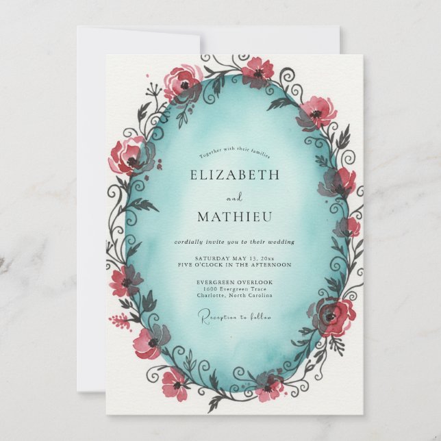 Invitación Boda de Vid Coral Azul (Anverso)