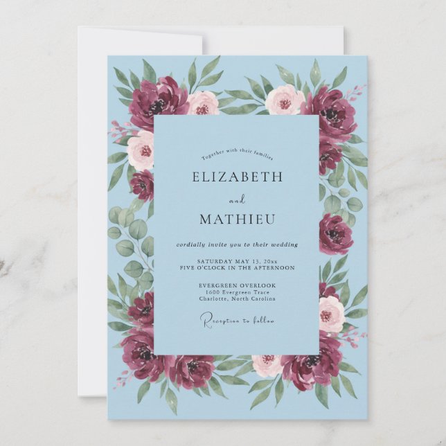 Invitación Boda de Vid Cornflower Borgoña (Anverso)