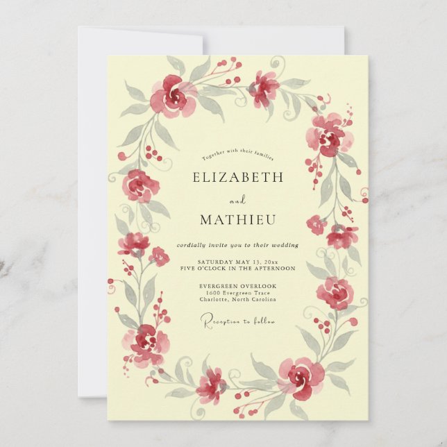 Invitación Boda de Vid Cremosa Roja Polvorienta (Anverso)