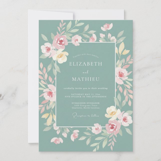 Invitación Boda de Vid de Acuarela Celadón Polvoriento (Anverso)