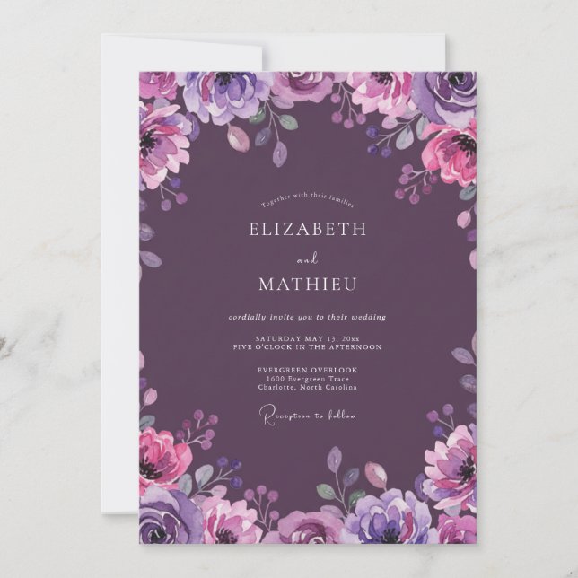 Invitación Boda de Vid de Acuarela de Ciruela (Anverso)