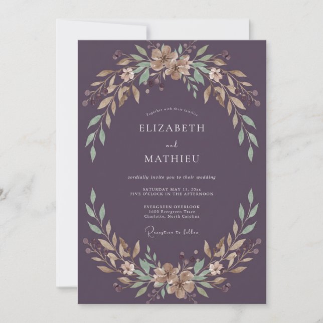 Invitación Boda de Vid de Champán Berenjena (Anverso)