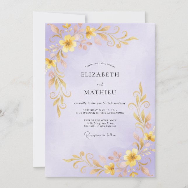 Invitación Boda de Vid de Oro Lila (Anverso)