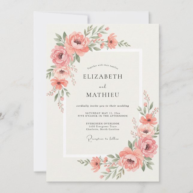 Invitación Boda de Vid de Peonía Rosada (Anverso)