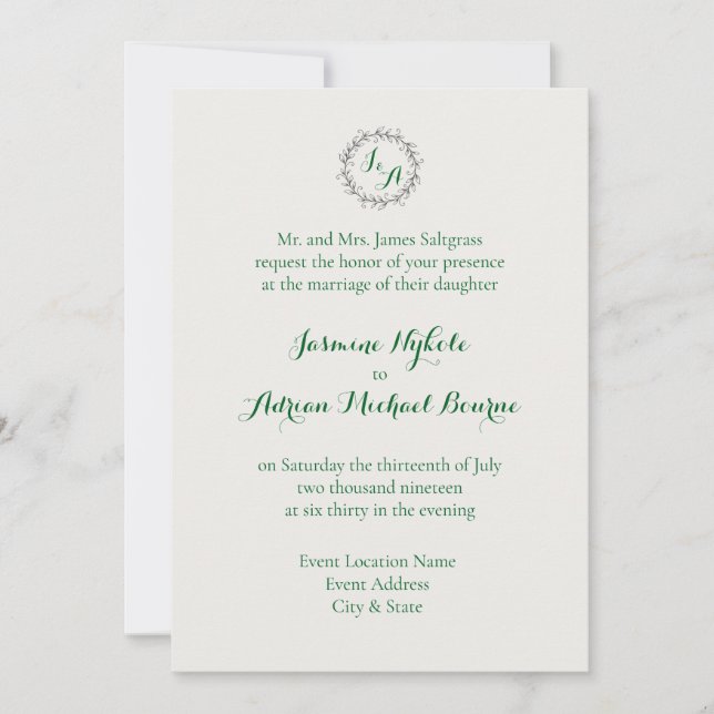 Invitación Boda de Vid Emerald (Anverso)