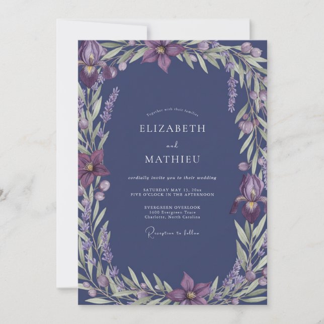 Invitación Boda de Vid Indigo Lavanda (Anverso)