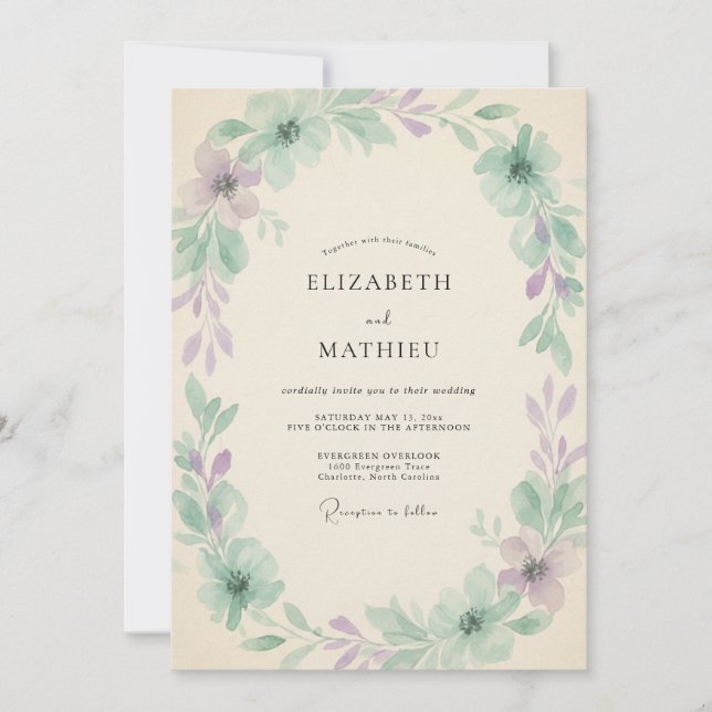 Invitación Boda de Vid Lila Silenciada con Menta (Anverso)