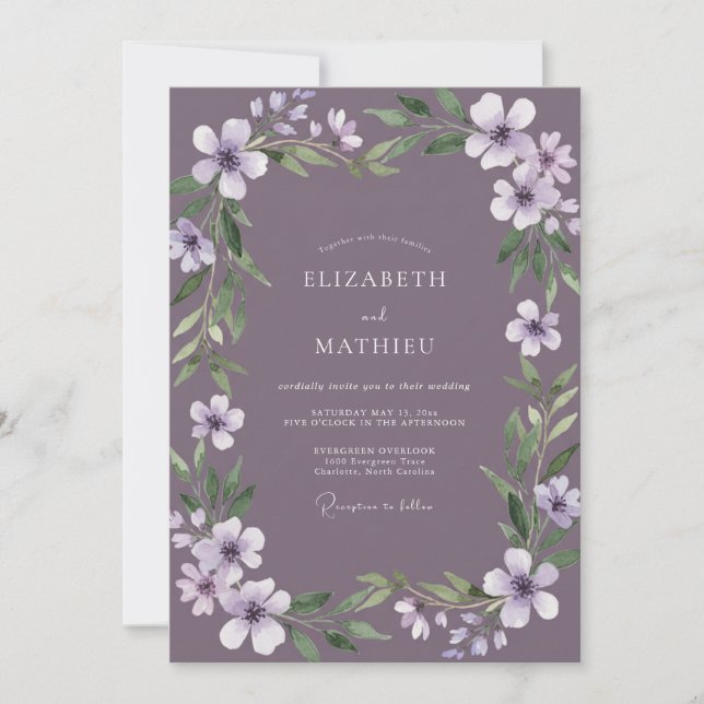 Invitación Boda de Vid Pintada de Lila Profundo (Anverso)