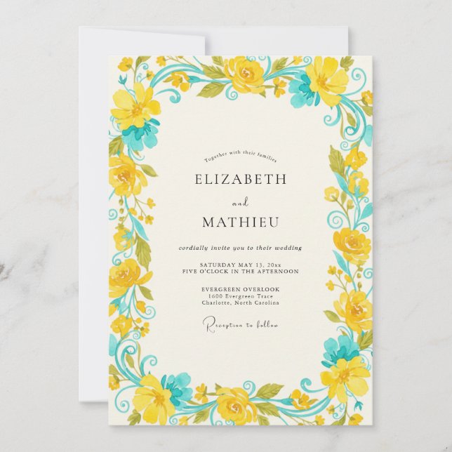 Invitación Boda de Vid Verde Amarillo Turquesa (Anverso)
