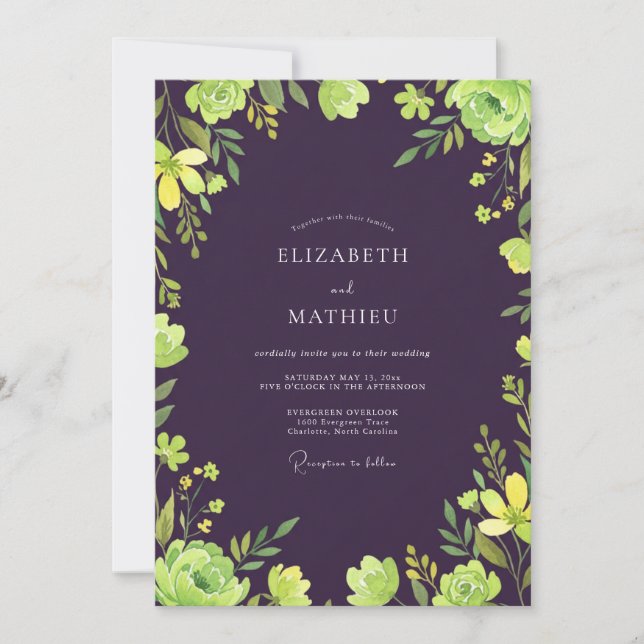 Invitación Boda de Vid Verde Claro Ciruelo (Anverso)