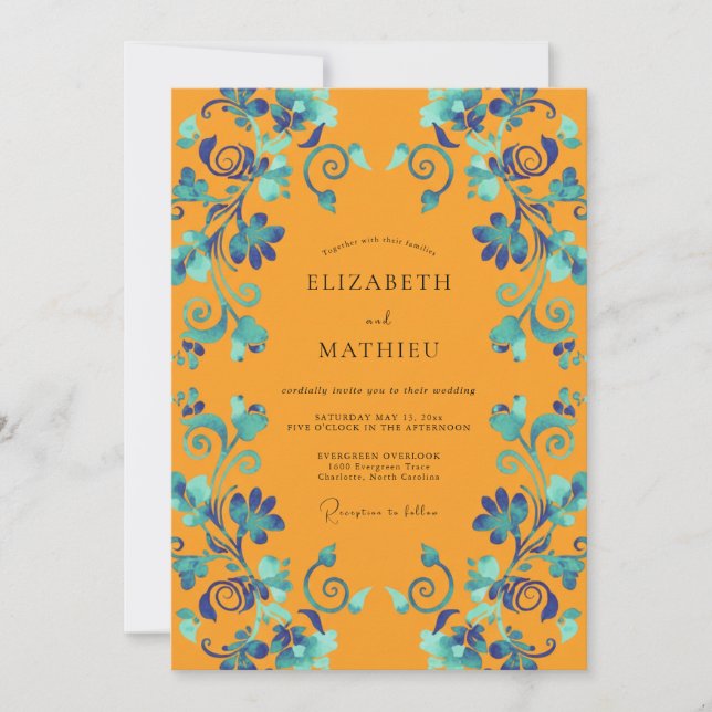 Invitación Boda de Vid Verde Mostaza Turquesa (Anverso)
