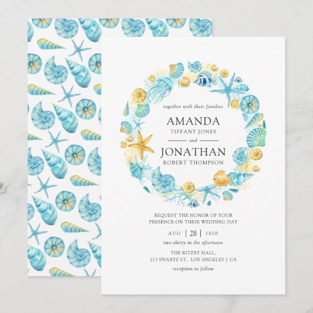 Invitación Boda de vida en el mar azul y amarillo (Anverso / Reverso)