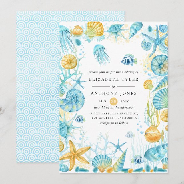 Invitación Boda de vida en el mar azul y amarillo (Anverso / Reverso)
