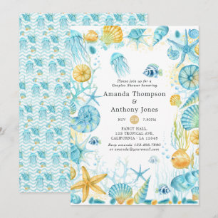 Invitación Boda de vida marina azul y amarilla para parejas r