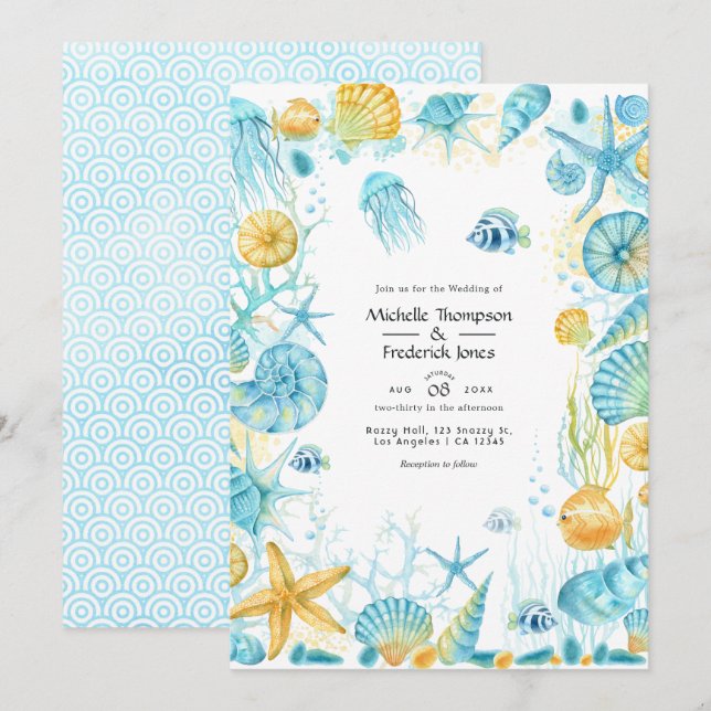 Invitación Boda de vida marina azul y amarillo (Anverso / Reverso)