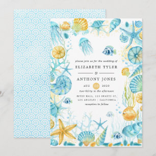 Invitación Boda de vida marina azul y amarillo