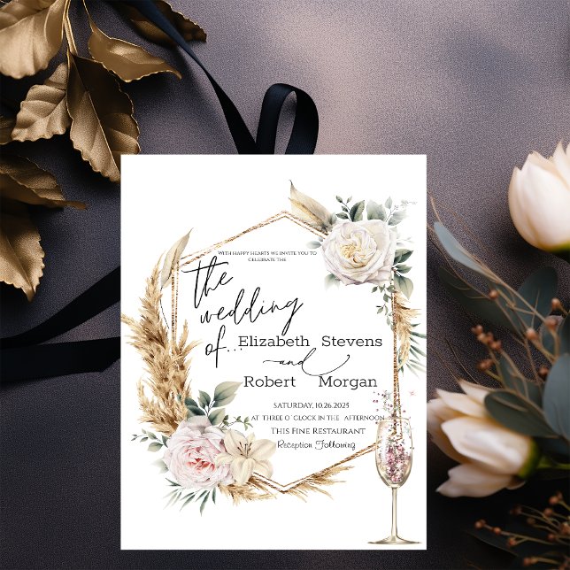 Invitación Boda de vidrio de champán con marco dorado floral (Subido por el creador)