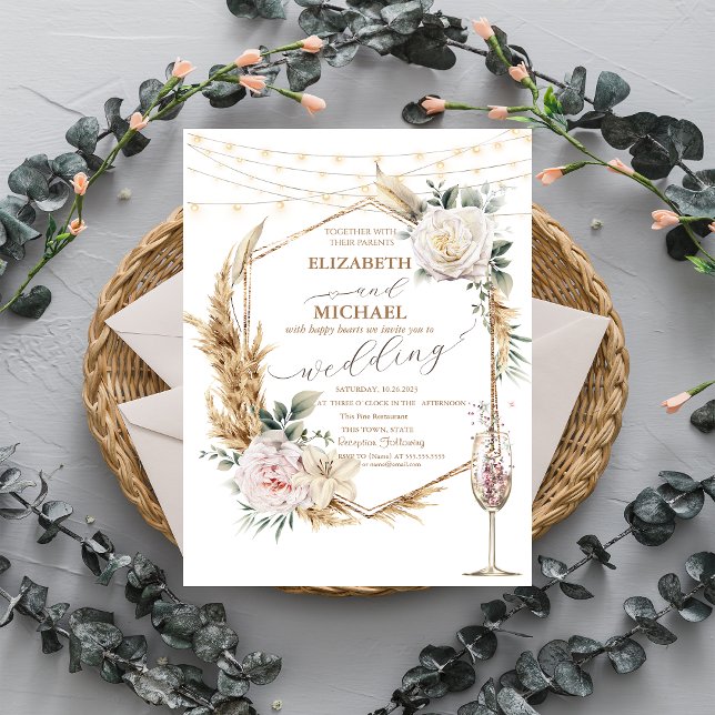 Invitación Boda de vidrio de champán con marco dorado floral (Subido por el creador)