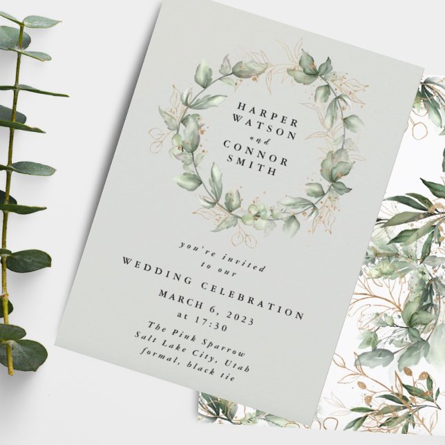 Invitación Boda de vidrio del Mar Verde del oro Eucalyptus Wr (Subido por el creador)