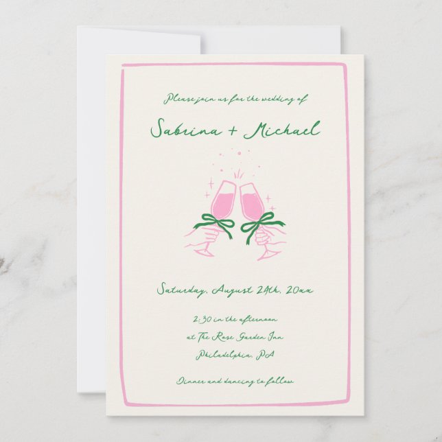 Invitación Boda de vidrio dibujado a mano y verde brillante (Anverso)