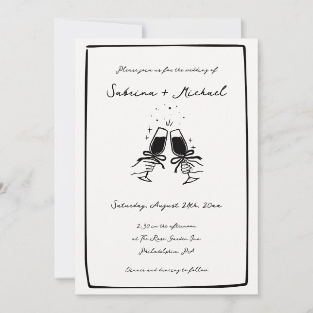 Invitación Boda de vidrio dibujado de mano blanca y negra cap (Anverso)