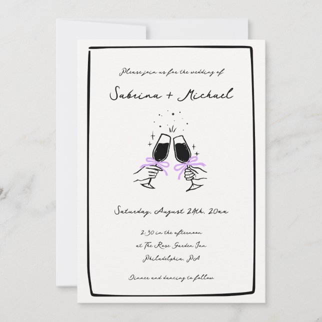 Invitación Boda de vidrio dibujado de mano blanca y negra cap (Anverso)