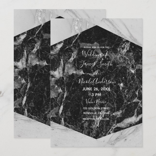 Invitación Boda de vidrio moderno de mármol blanco y plateado (Anverso / Reverso)