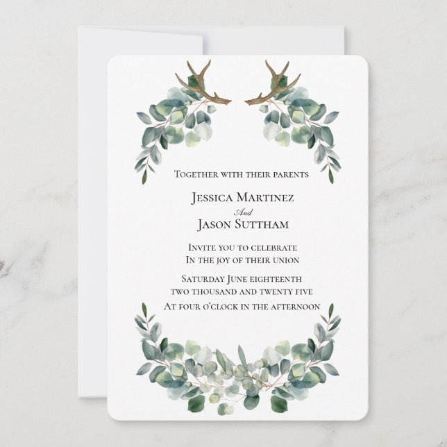 Invitación Boda de Viking de Acuarela Antler y Eucalyptus (Anverso)